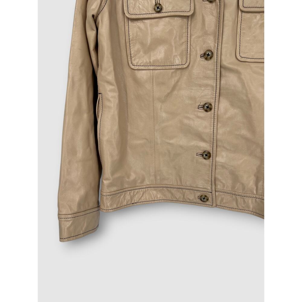 90s Vintage Liz Claiborne Lizsport Tan Genuine Leather Trucker Jacket Small - Picture 3 of 5